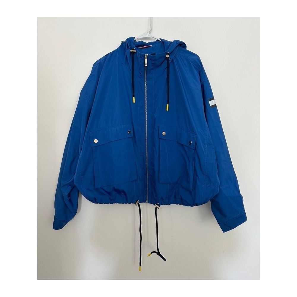 Tommy Hilfiger Windbreaker Jacket Womens M Blue Hooded Crop Cinch Oversize Retro
